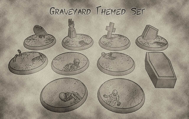 32mm Undead and Cemetery Bases  - Graveyard Themed Set for Dungeons and Dragons, Warhammer of Tabletop fantasy games.
