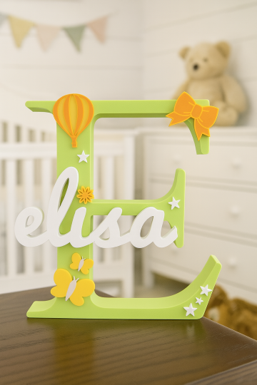 Personalized Nursery Letter Decor – Custom Baby Name Initial Wall Sign with Themed Icons