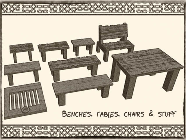Tables, benches and chairs for Dungeons & Dragons or Warhammer 40k tabletop Miniatures