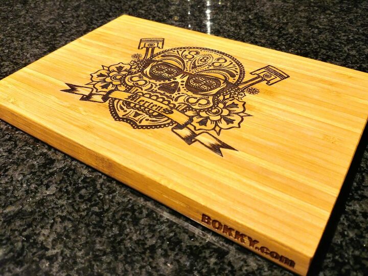 Laser engraved bamboo cutting board with custom design, size: small