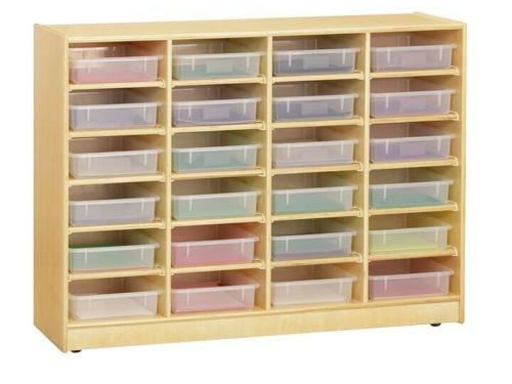 24 Paper-Tray Mobile Storage, Clear Trays, Baltic Birch Finish, Earth Friendly