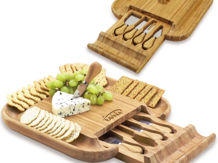Bamboo Cheese Board with Knife Set in a Hidden Drawer
