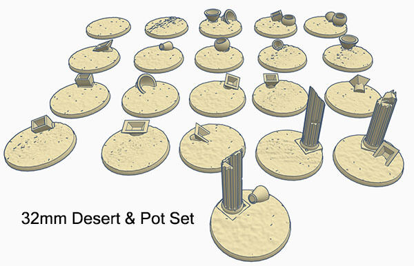 32mm Round Bases (x21) Desert theme with Vases and Pots for Dungeons & Dragons or Warhammer 40k tabletop Miniatures