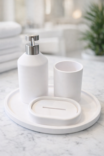 Modern White Bathroom Accessories Set – Minimalist Matte 3D Printed Soap Dispenser, Tray, Cup & Soap Dish