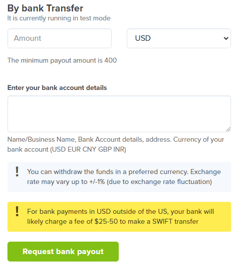 Bank transfer is available from USD 400