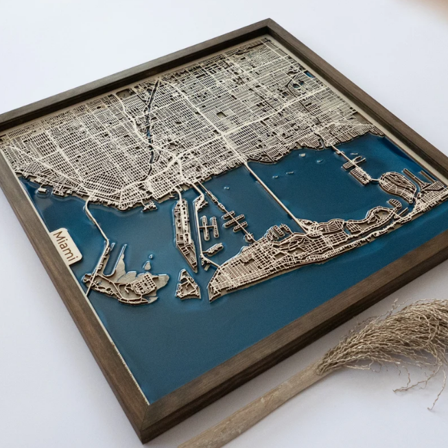 Wooden map with resin filling